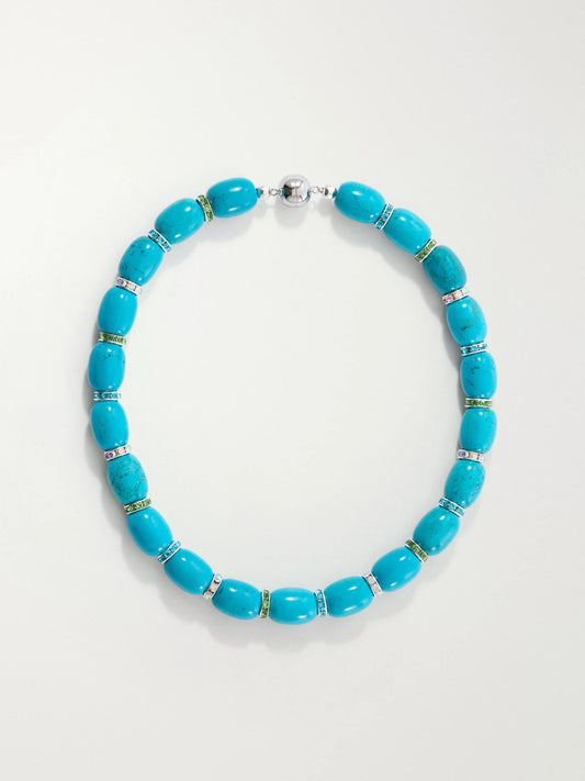 Donna Rhodium-pleated Turquoise And Crystal Beaded Necklace