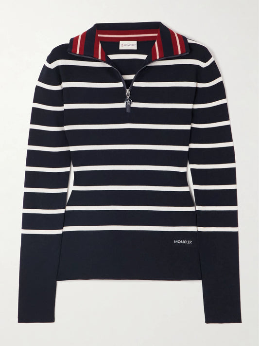 Image of a model wearing Outerwear. Product name - Striped Wool Sweater in Navy colour by brand - Moncler