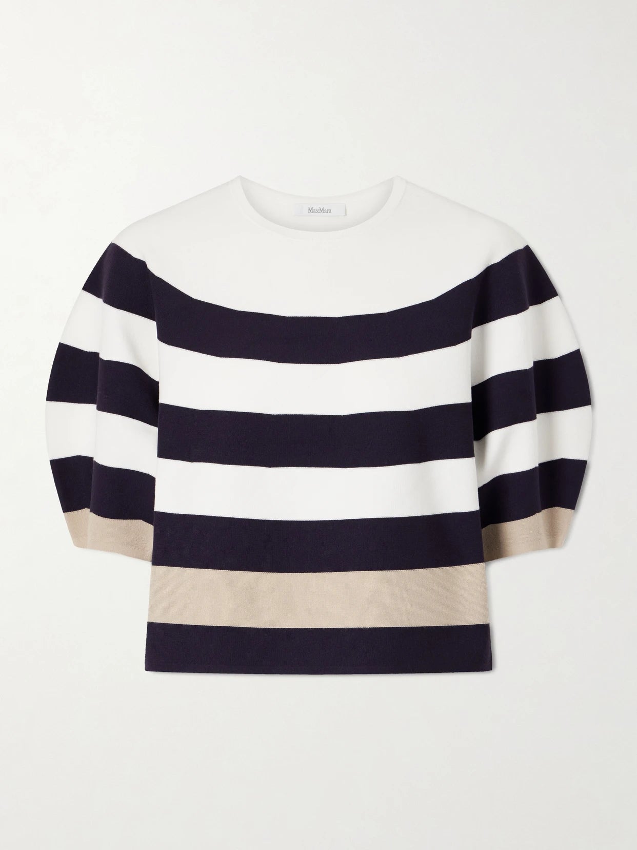 Image of a model wearing Outerwear. Product name - Striped Jersey Sweater in White colour by brand - Max Mara