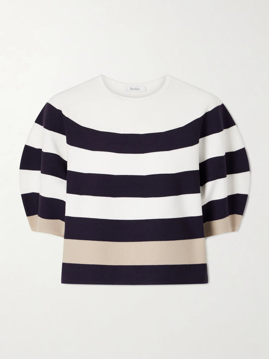 Image of a model wearing Outerwear. Product name - Striped Jersey Sweater in White colour by brand - Max Mara