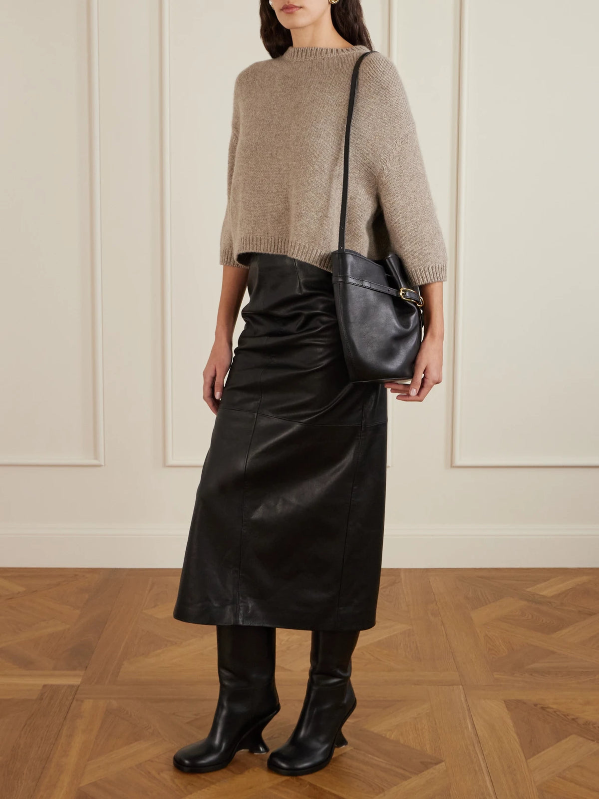 Image of Bags. Product name - Buckled Leather Bucket Bag in Black colour by brand - Liffner