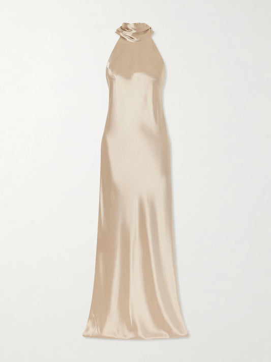 Image of Dresses. Product name - Sienna Satin Halterneck Gown in Gold colour by brand - Galvan