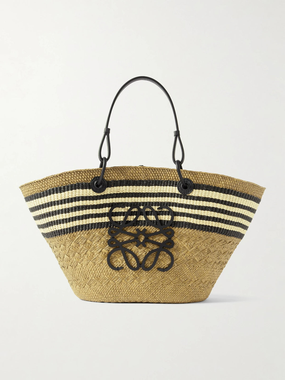 + Paula's Ibiza Anagram Basket Medium Leather-trimmed Striped Raffia Tote