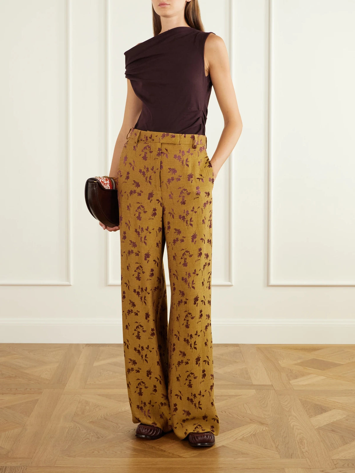 Image of a model wearing Pants. Product name - Floral-jacquard Cloqué Wide-leg Pants in Mustard colour by brand - Dries Van Noten