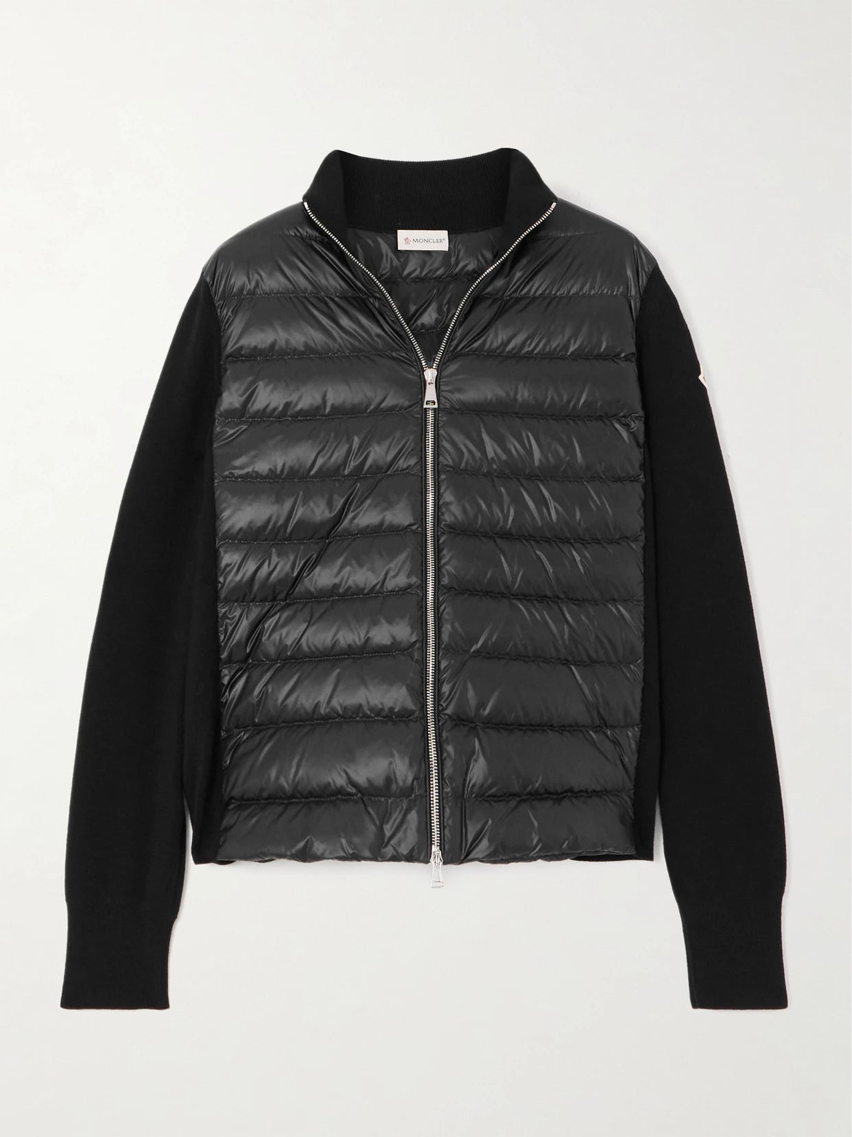 Image of a model wearing Outerwear. Product name - Wool And Quilted Shell Down Cardigan in Black colour by brand - Moncler