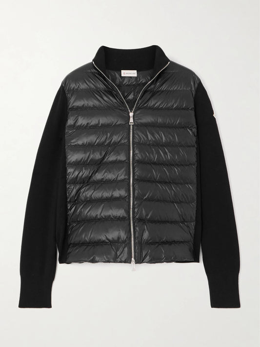 Image of a model wearing Outerwear. Product name - Wool And Quilted Shell Down Cardigan in Black colour by brand - Moncler