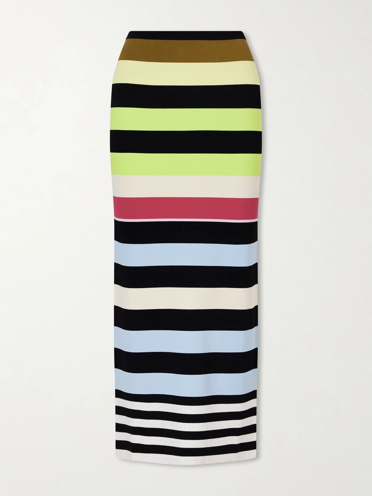 Image of a model wearing Skirts. Product name - Striped Double-knit Maxi Skirt in Multi colour by brand - Christopher John Rogers