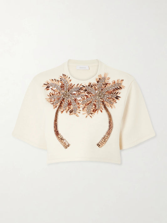 Cropped Crystal-embellished Embroidered Jersey T-shirt