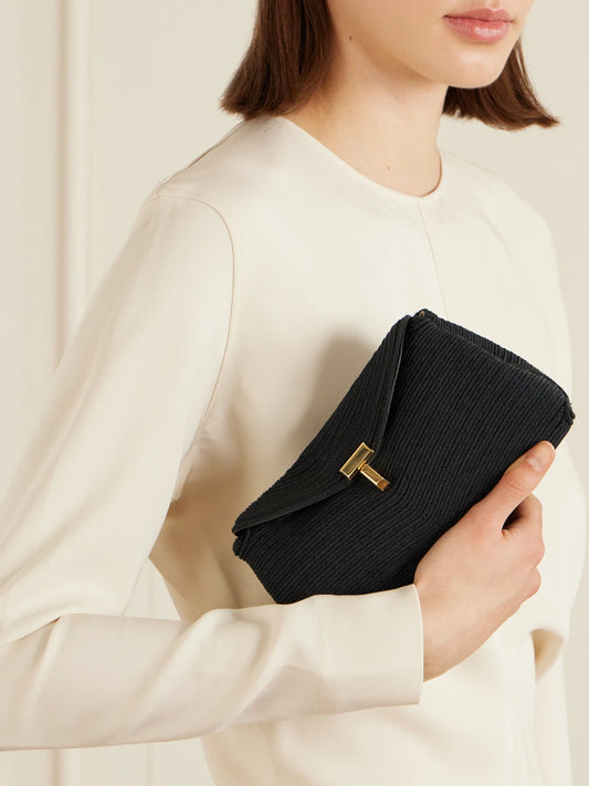 Image of Bags. Product name - Mini T-lock Leather-trimmed Woven Clutch in Black colour by brand - TOTEME