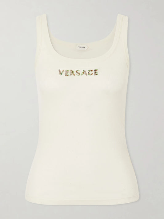 Image of a model wearing Tops. Product name - Crystal And Bead-embellished Logo-embroidered Wool Tank in Cream colour by brand - Versace