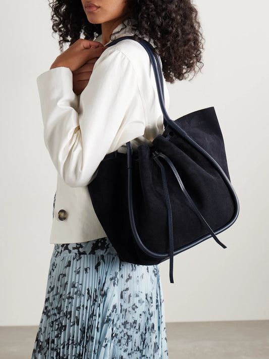 Image of Bags. Product name - Large Leather-trimmed Ruched Suede Tote in Navy colour by brand - Proenza Schouler