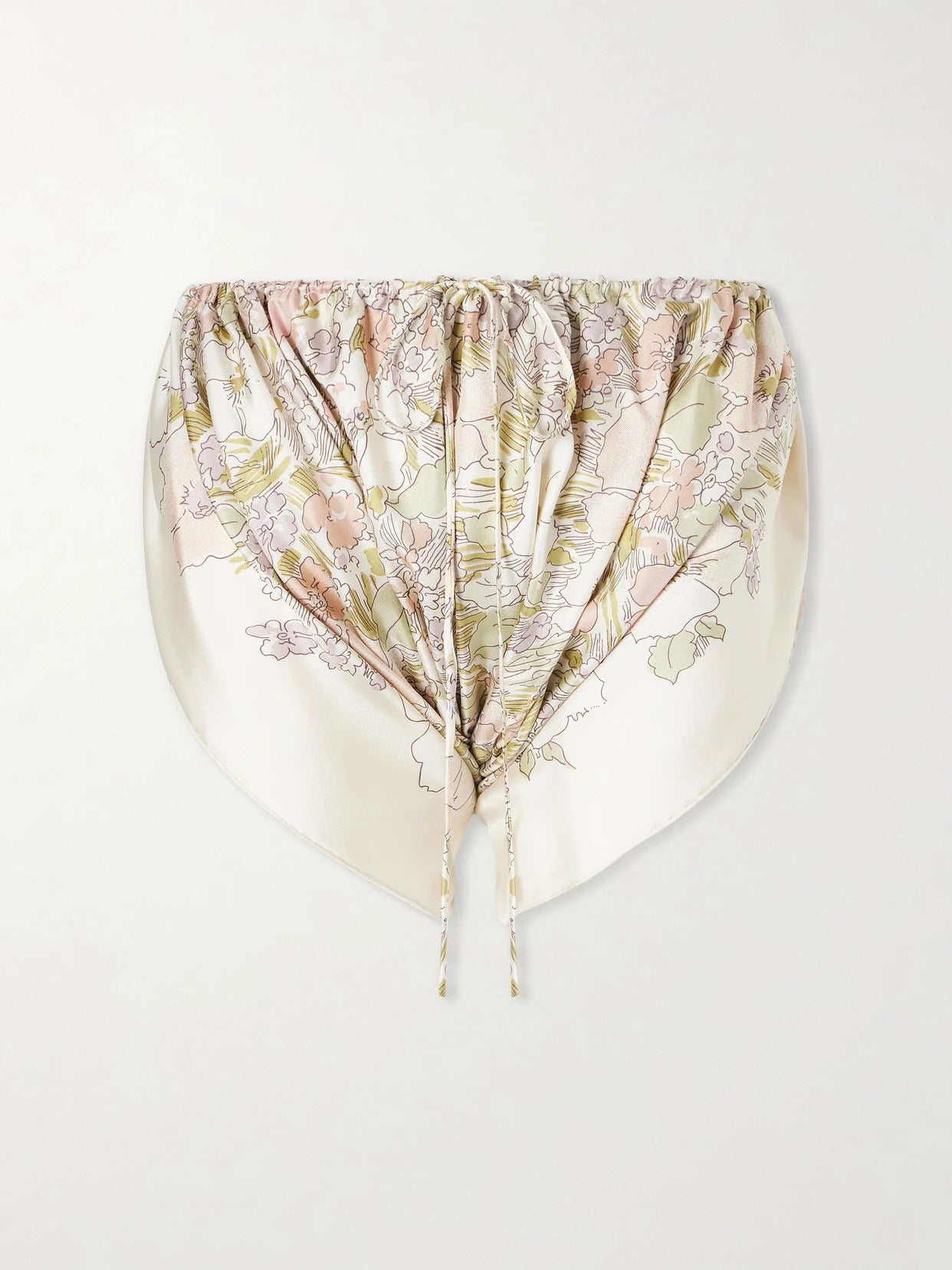 Image of a model wearing Shorts. Product name - Ruched Floral-print Silk Mini Shorts in Beige colour by brand - Calvin Klein Collection