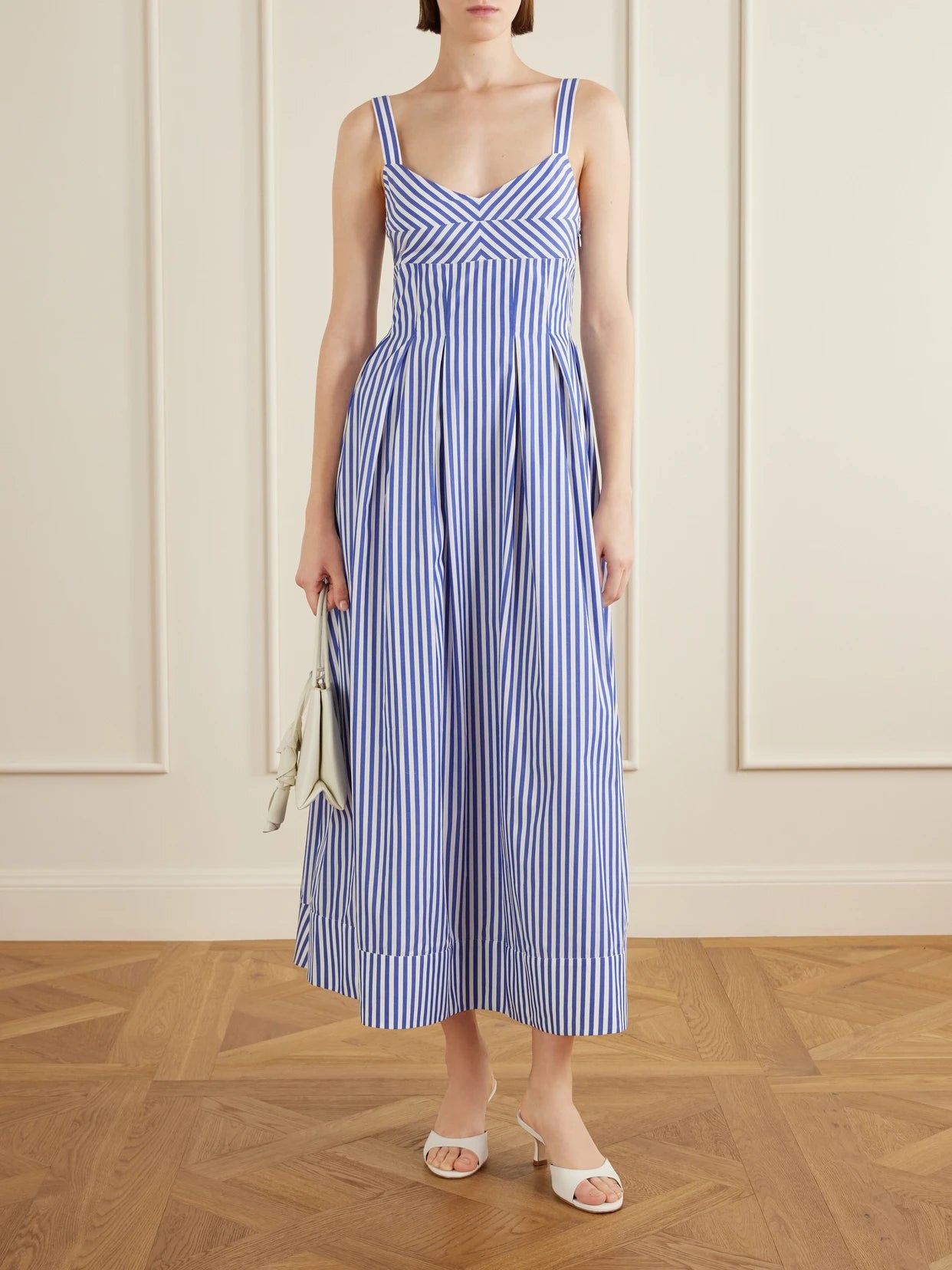 Image of Dresses. Product name - Madeline Pleated Striped Cotton-poplin Maxi Dress in Blue colour by brand - La Ligne