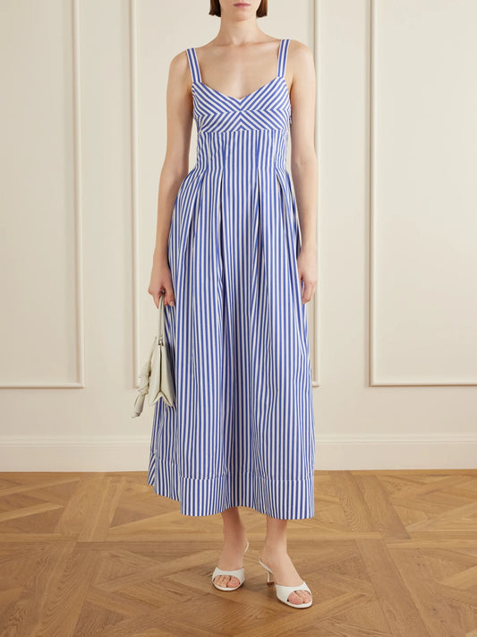 Image of Dresses. Product name - Madeline Pleated Striped Cotton-poplin Maxi Dress in Blue colour by brand - La Ligne