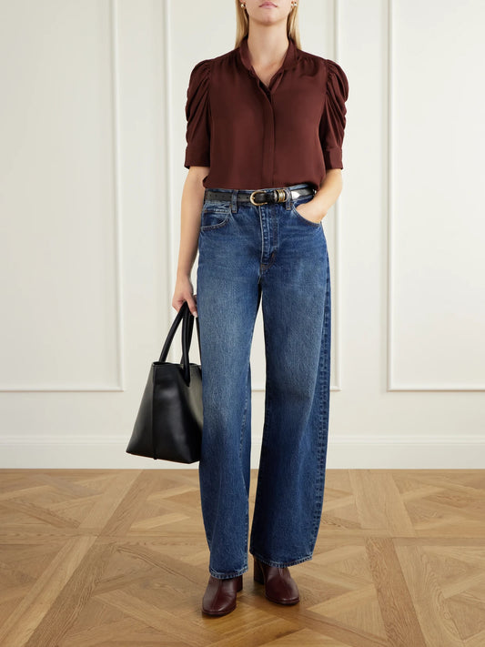Image of a model wearing Tops. Product name - The Gillian Gathered Silk Blouse in Burgundy colour by brand - FRAME