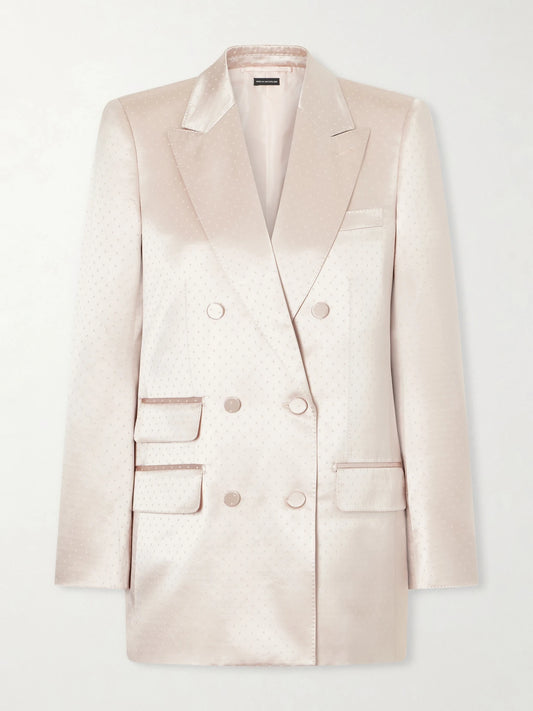 Image of a model wearing Outerwear. Product name - Double-breasted Polka- Dot Satin Blazer in Baby pink colour by brand - TOM FORD