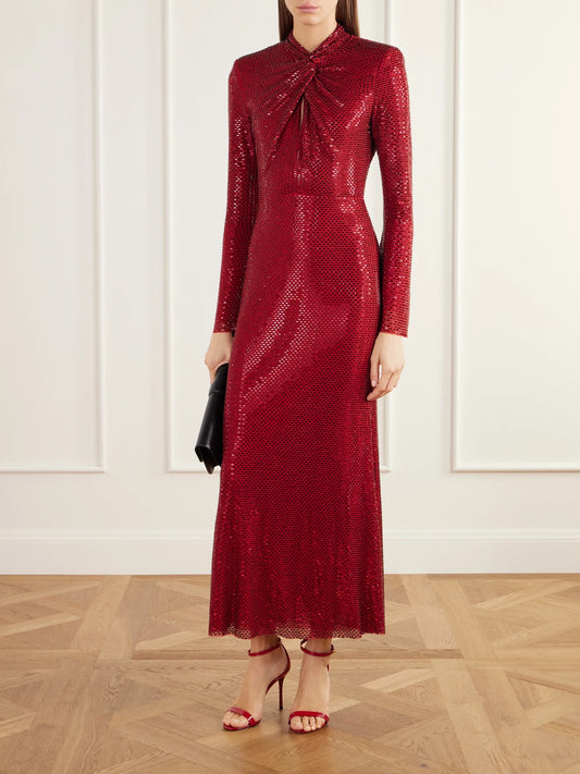Image of Dresses. Product name - Twisted Sequined Mesh Midi Dress in Red colour by brand - Self-Portrait
