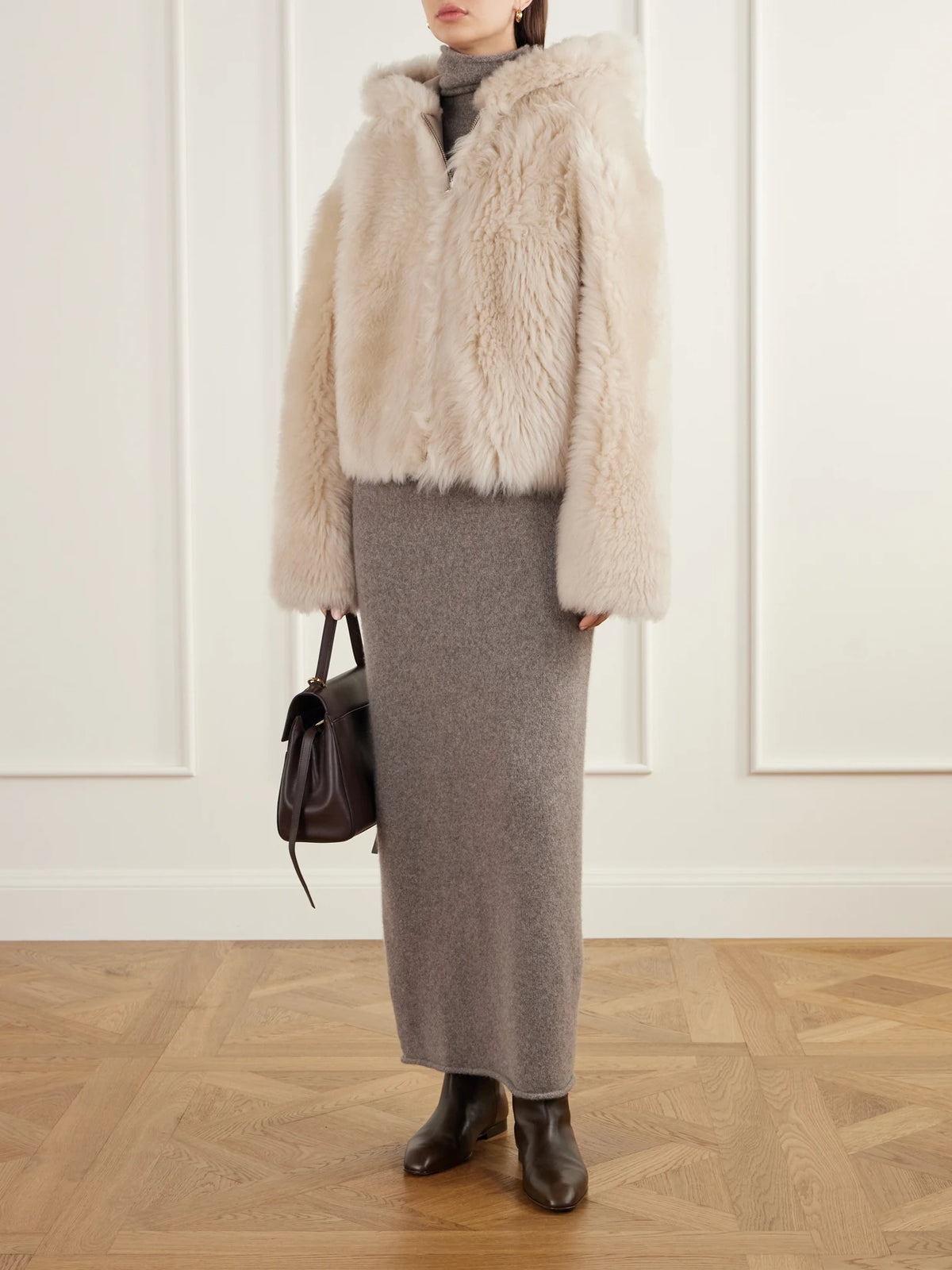 Image of Coats & Jackets. Product name - Bianca Hooded Shearling Jacket in Cream colour by brand - ARMA