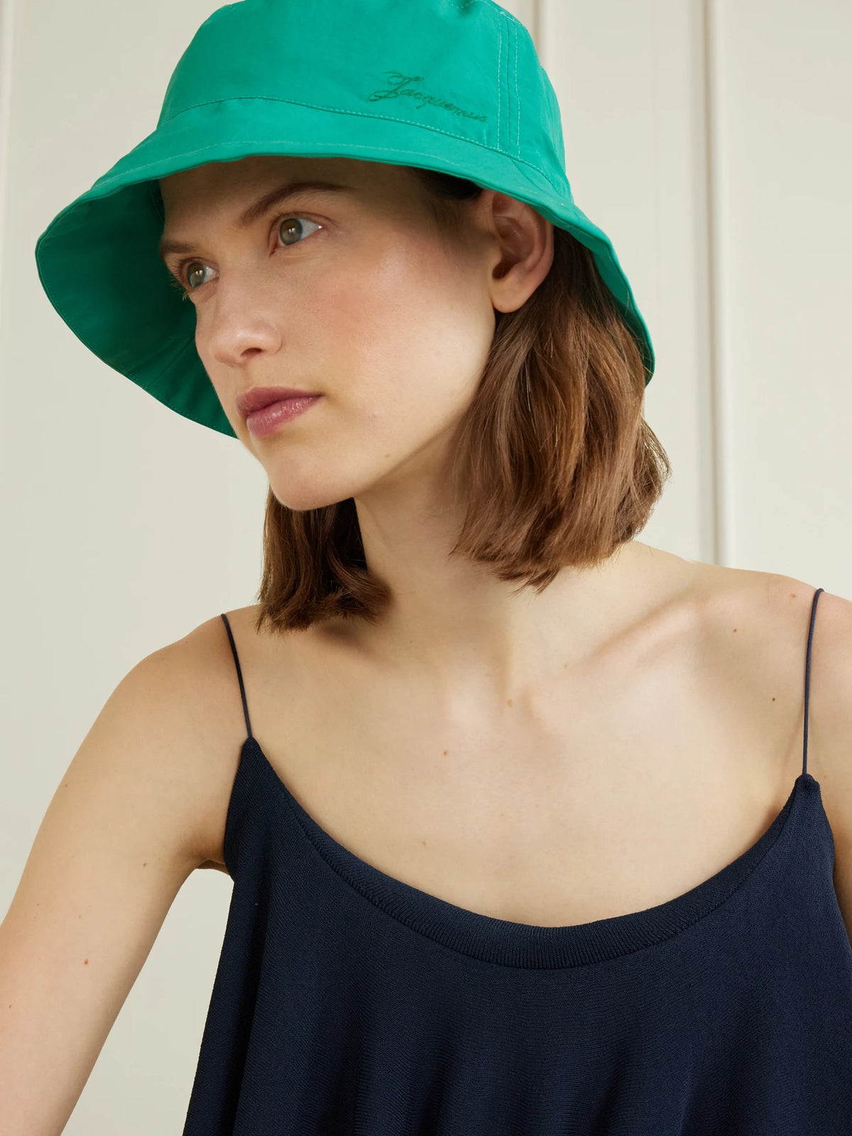 Image of Hats. Product name - Le Bob Baluchon Embroidered Shell Bucket Hat in Turquoise colour by brand - Jacquemus