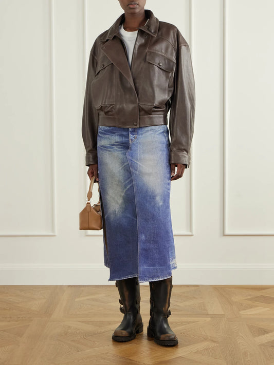 Image of Boots. Product name - Kurt Distressed Leather Knee Boots in Brown colour by brand - Golden Goose