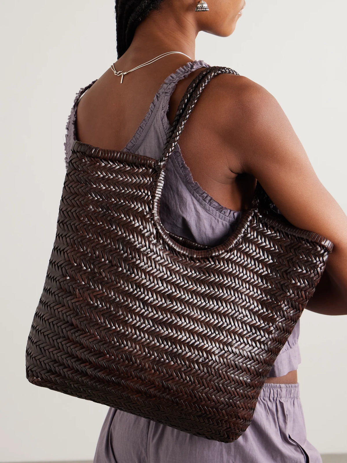 Image of Bags. Product name - Ns Diagonal Triple Jump Woven Leather Tote in Brown colour by brand - Dragon Diffusion