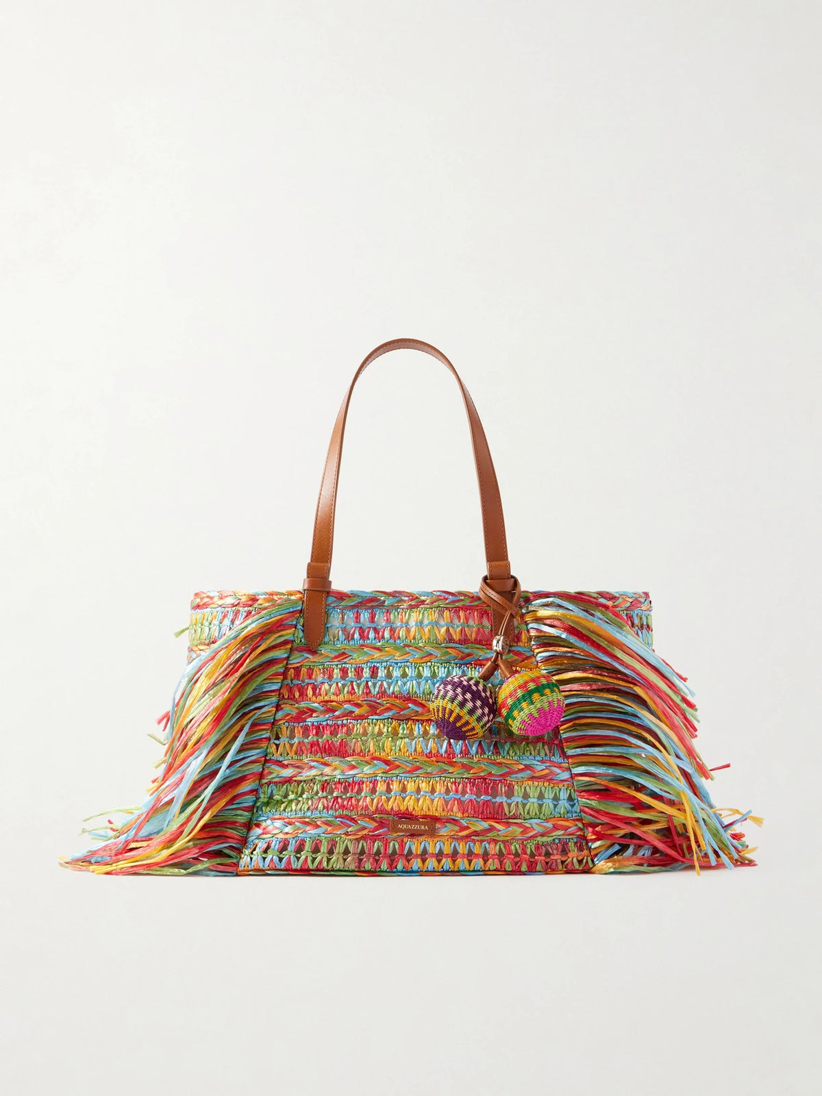 Trancoso Fringed Embellished Leather-trimmed Woven Raffia Tote