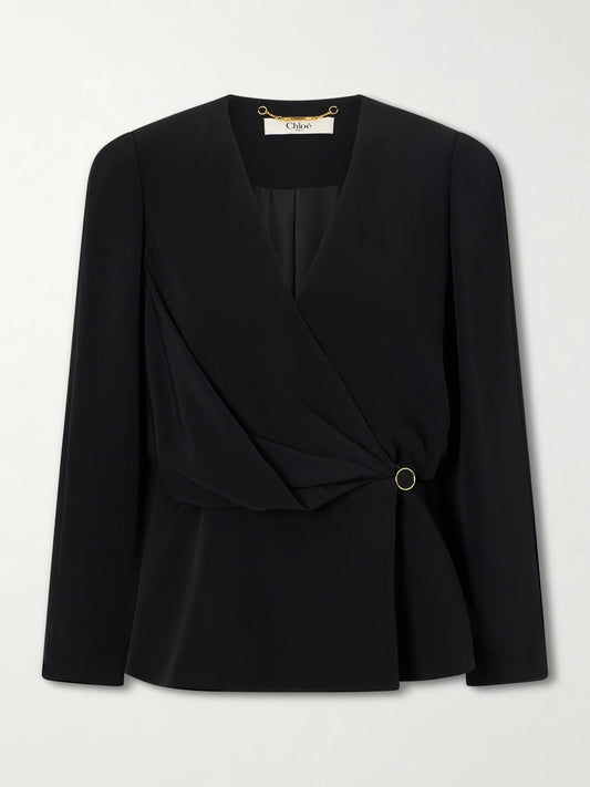 Image of a model wearing Tops. Product name - Gathered Faille Blouse in Black colour by brand - Chloé