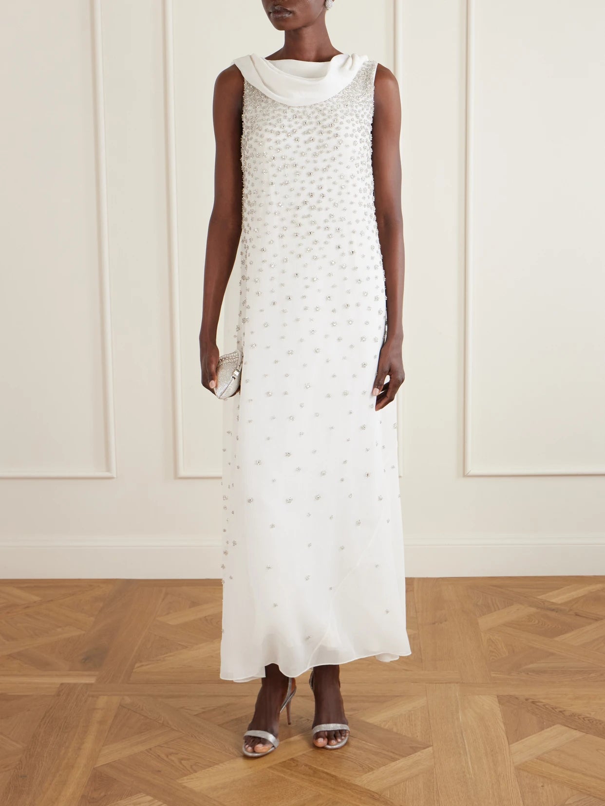 Image of Dresses. Product name - Kaia Scarf-detailed Crystal-embellished Crinkled-chiffon Gown in White colour by brand - Clio Peppiatt
