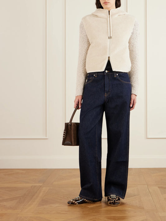 Image of a model wearing Outerwear. Product name - Hooded Fleece And Wool-blend Bouclé Cardigan in Beige colour by brand - Moncler