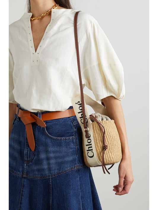 Image of Bags. Product name - Woody Small Leather-trimmed Raffia Basket Bag in White colour by brand - Chloé