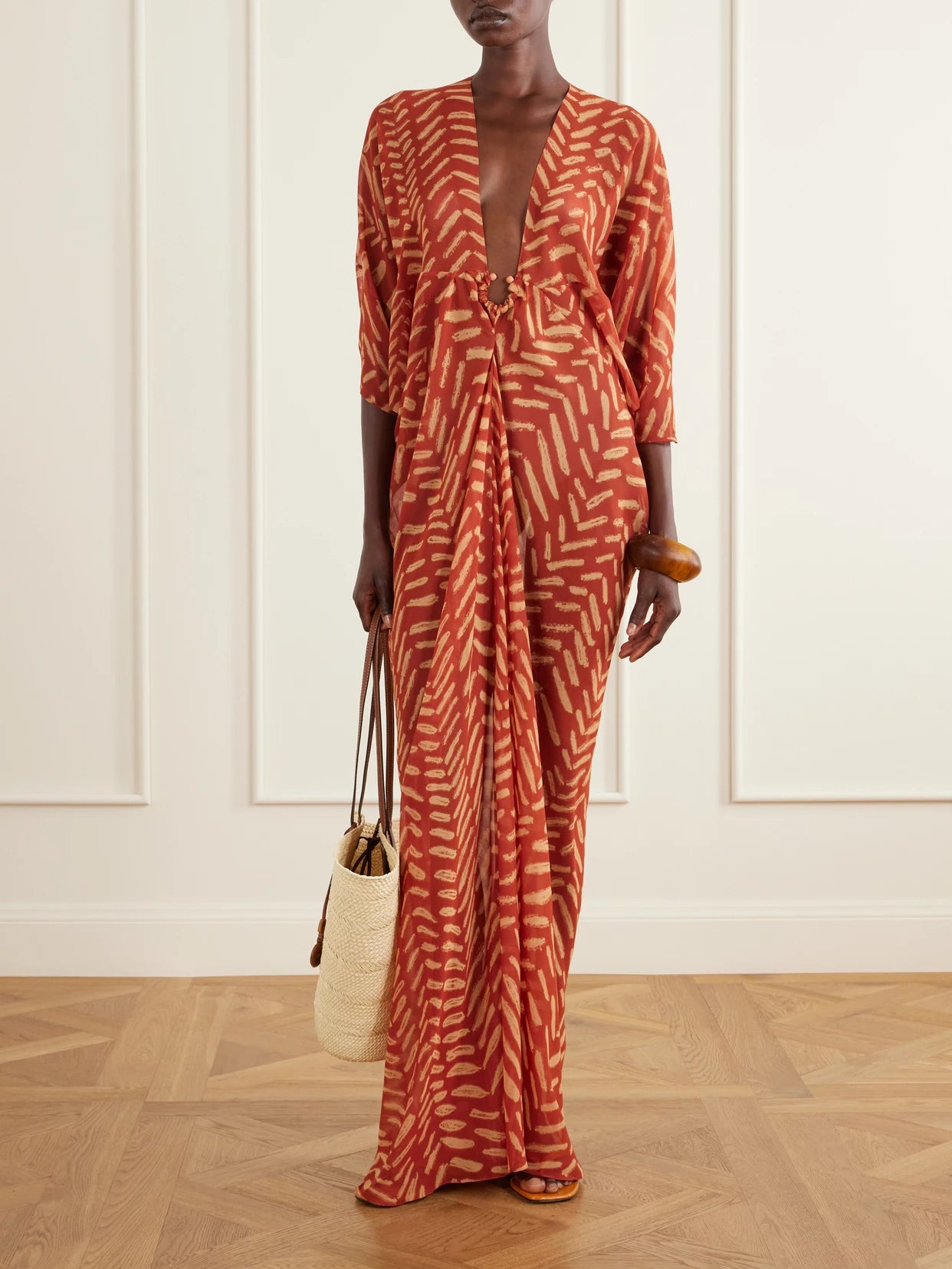 Image of Dresses. Product name - Sensory Tapestry Printed Recycled Georgette Coverup in Red colour by brand - Johanna Ortiz