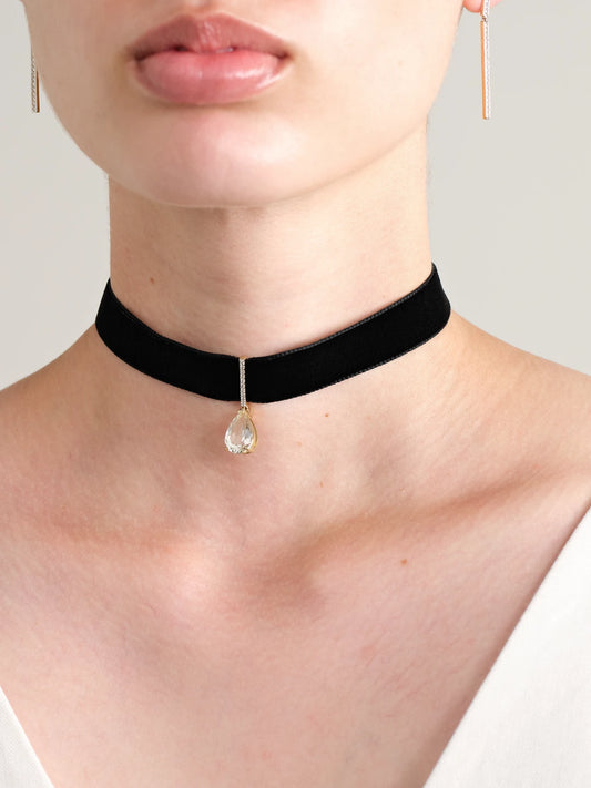 Image of Necklaces. Product name - 14-karat Gold, Velvet, Topaz And Diamond Choker in Black colour by brand - Mateo