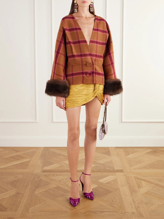 Image of Coats & Jackets. Product name - Checked Shearling-trimmed Virgin Wool-felt Jacket in Brown colour by brand - Valentino Garavani