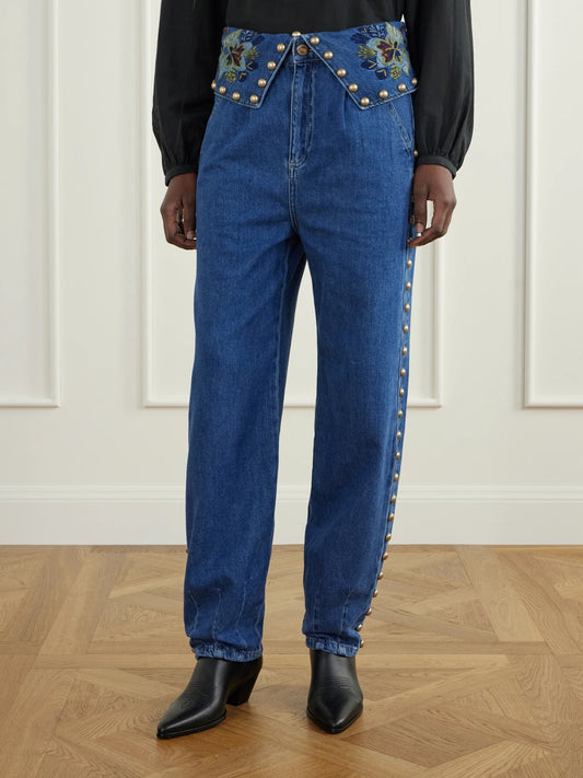 Farm Rio Studded Embroidered Mid-rise Straight-leg Jeans