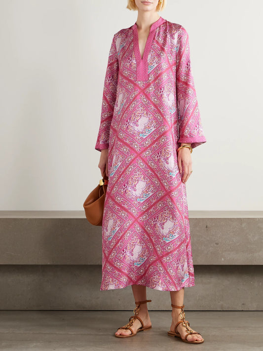 Image of Dresses. Product name - Jenna Printed Silk Kaftan in Pink colour by brand - Emporio Sirenuse