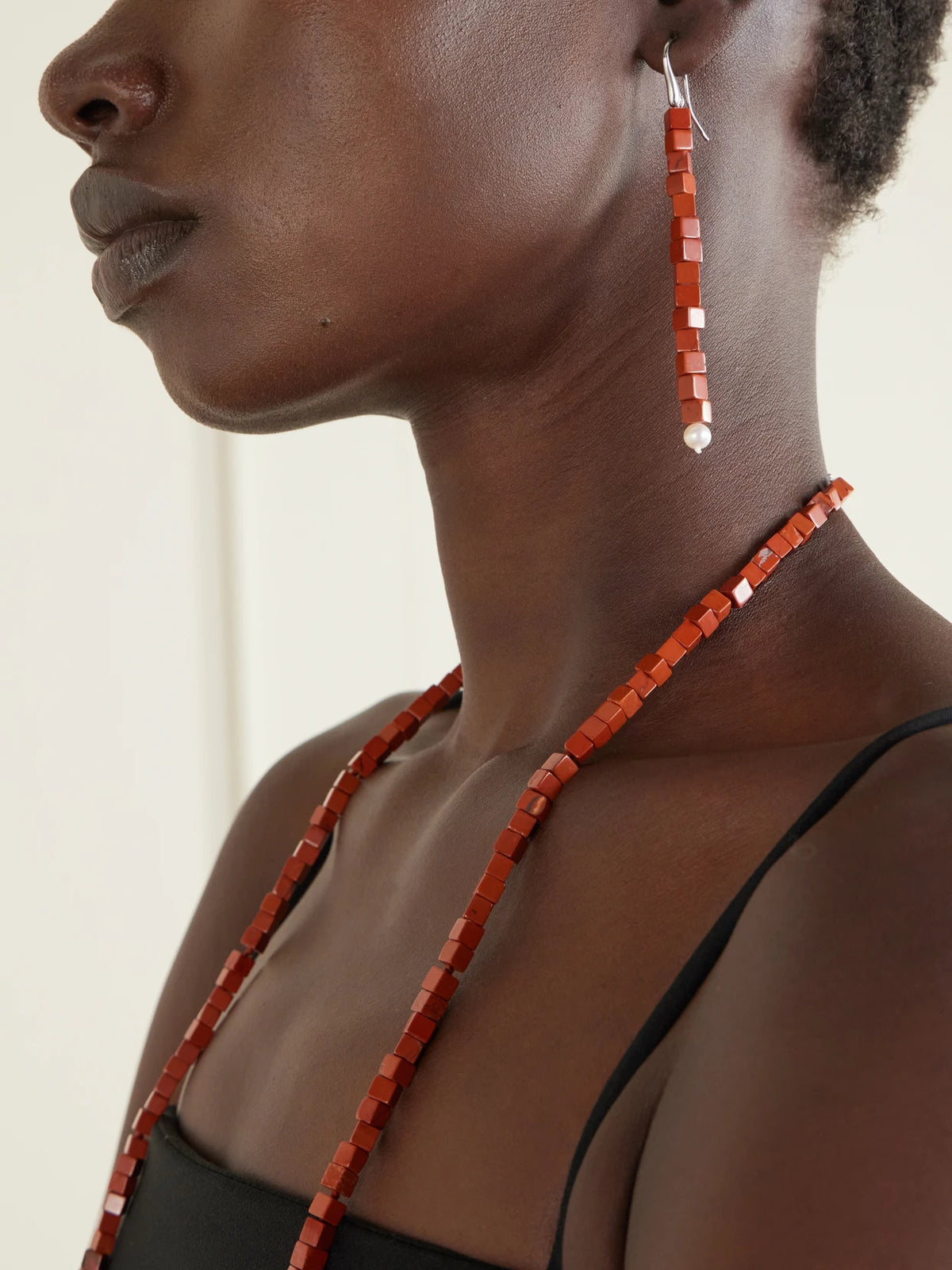 Image of Earrings. Product name - Inès Sterling Silver, Jasper And Pearl Earrings in Red colour by brand - Le Sundial