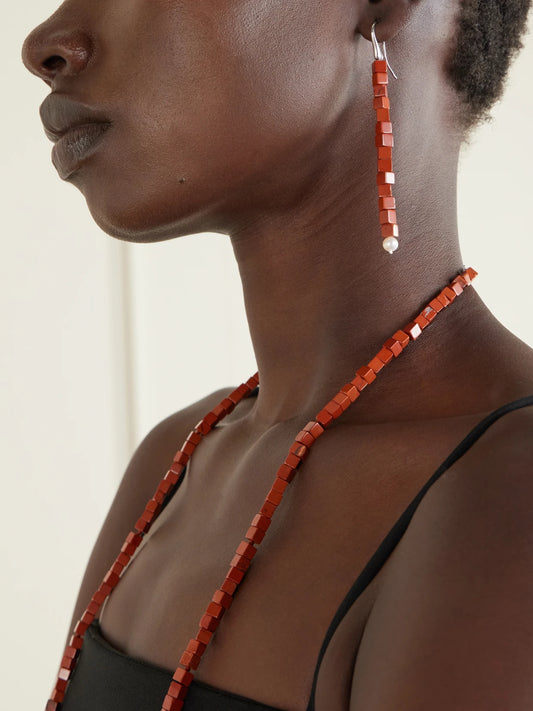 Image of Earrings. Product name - Inès Sterling Silver, Jasper And Pearl Earrings in Red colour by brand - Le Sundial
