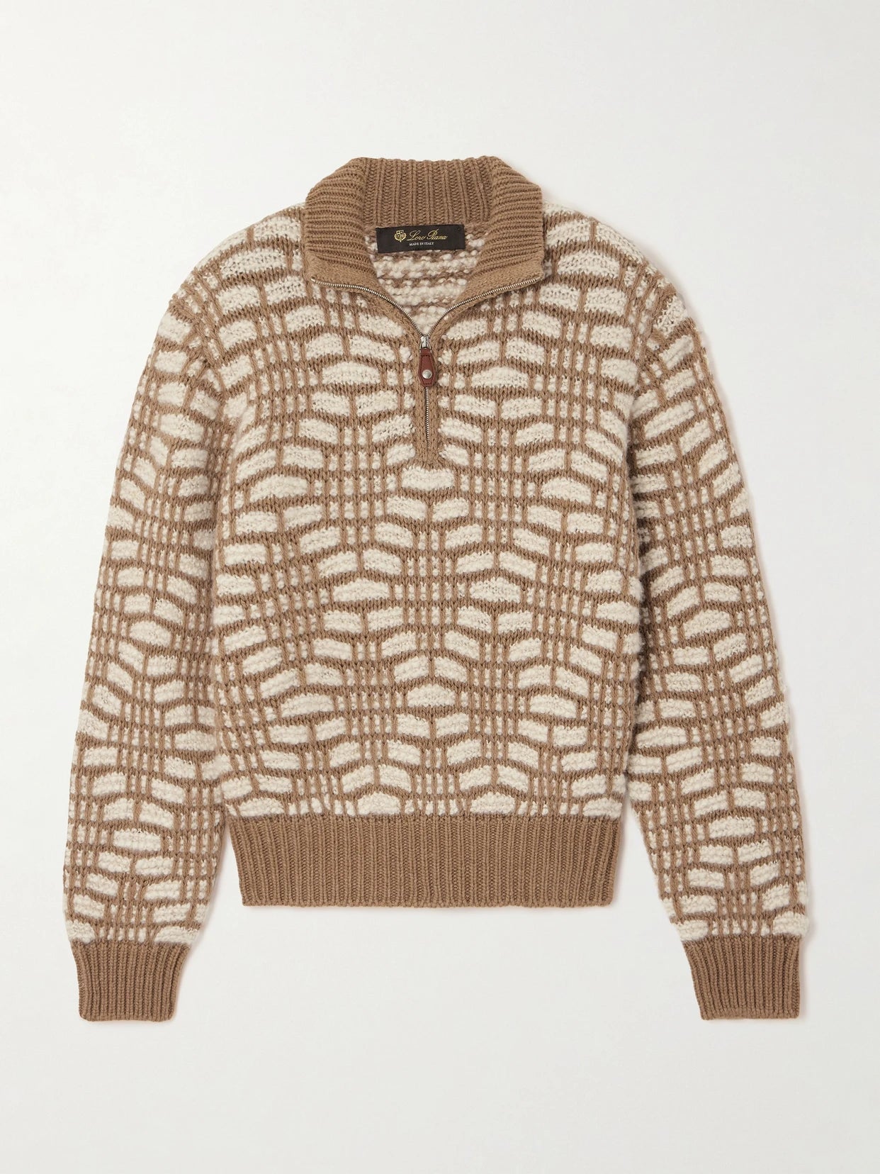Image of a model wearing Outerwear. Product name - Jacquard-knit Camel Hair Sweater in Beige colour by brand - Loro Piana