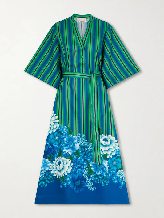 Image of Dresses. Product name - Margo Belted Striped Floral-print Organic Cotton-poplin Midi Dress in Multi colour by brand - ALÉMAIS