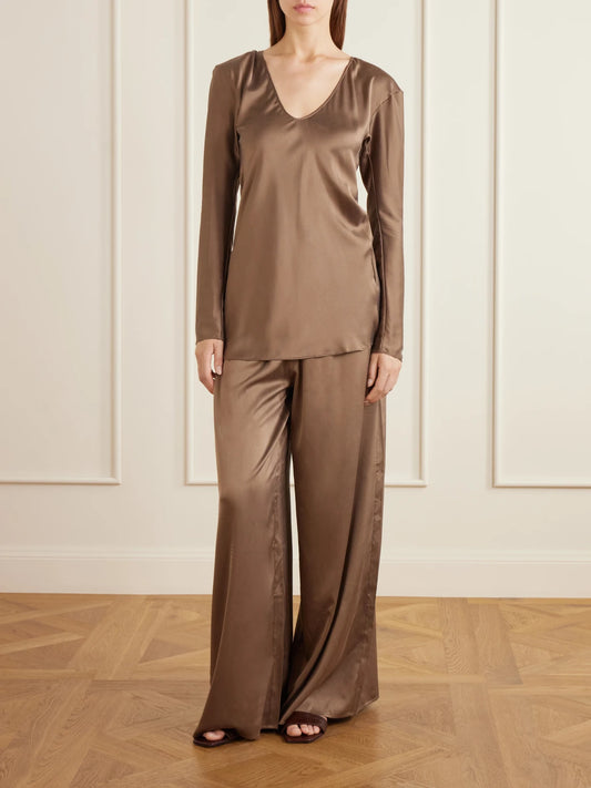 Image of Outfit Sets. Product name - Silk-blend Wide-leg Pants in Brown colour by brand - Ruohan