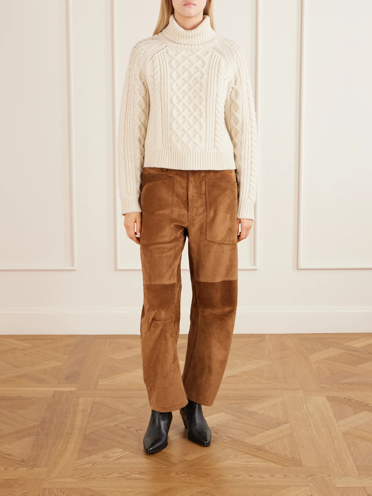 Image of a model wearing Pants. Product name - Shon Suede Barrel-leg Pants in Multi colour by brand - Nili Lotan