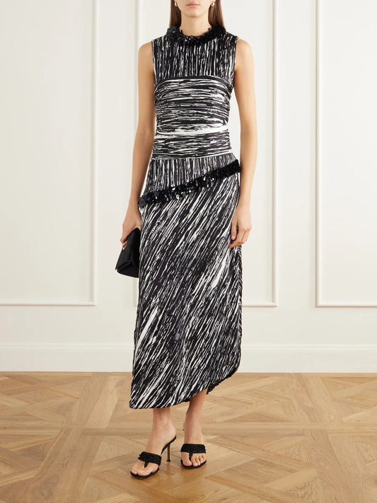 Image of Dresses. Product name - Fiora Sequin-embellished Pleated Printed Satin-jacquard Midi Dress in Black colour by brand - Brandon Maxwell