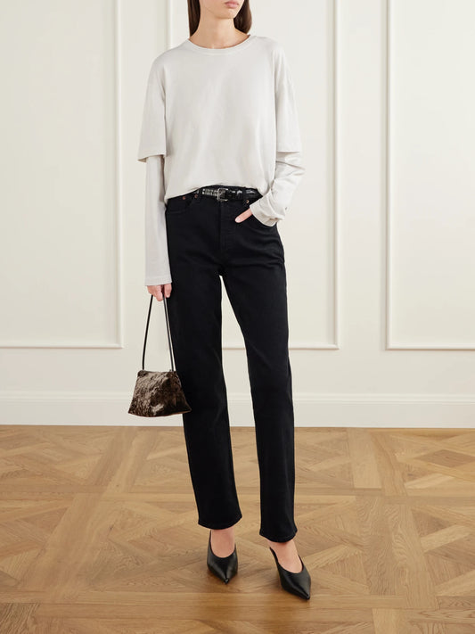 Image of Jeans. Product name - Lana Mid-rise Straight-leg Jeans in Black, Dark denim colour by brand - AGOLDE