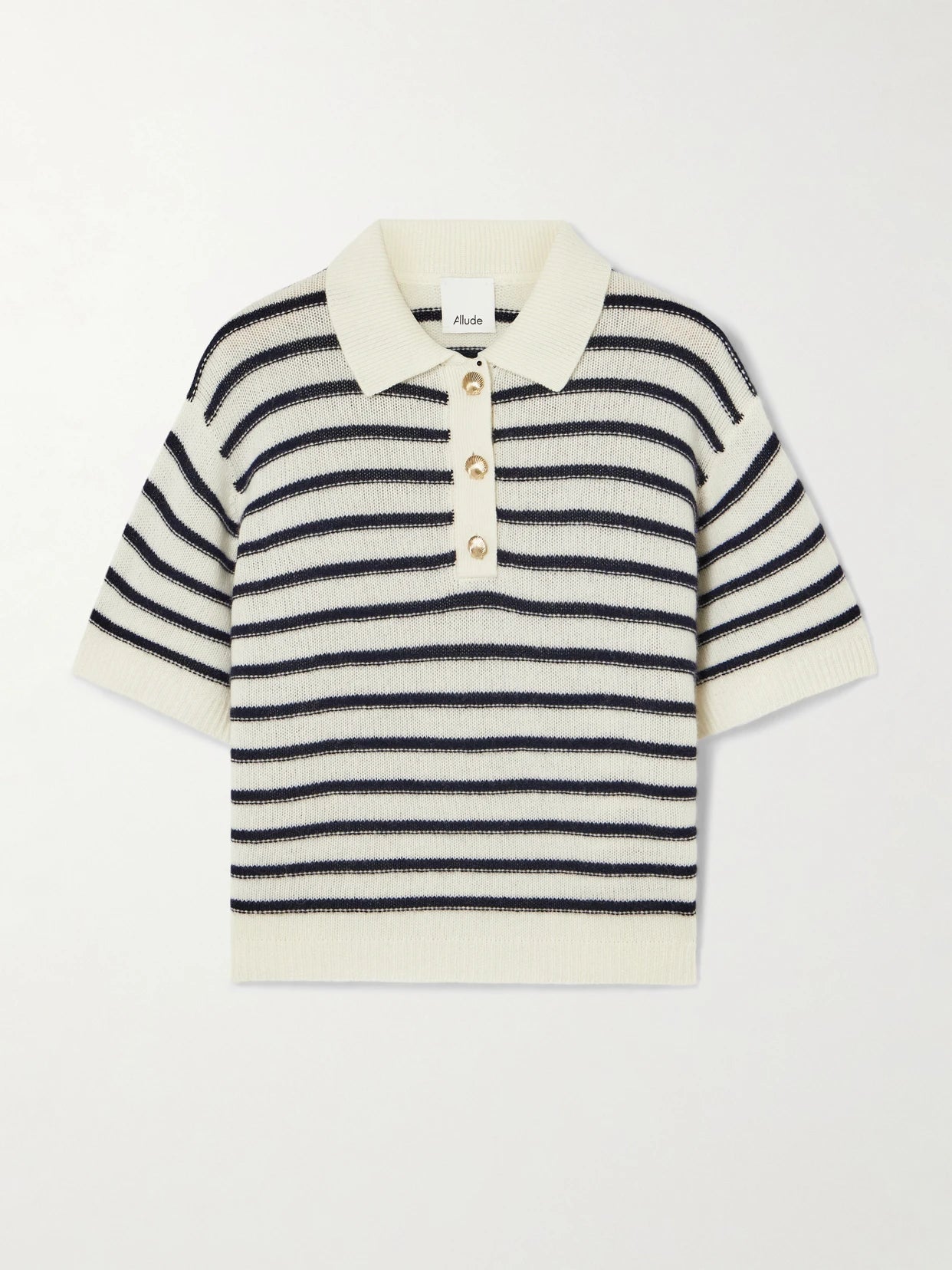 Image of a model wearing Outerwear. Product name - Striped Wool And Cashmere-blend Polo Sweater in Navy colour by brand - Allude
