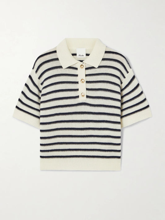 Image of a model wearing Outerwear. Product name - Striped Wool And Cashmere-blend Polo Sweater in Navy colour by brand - Allude