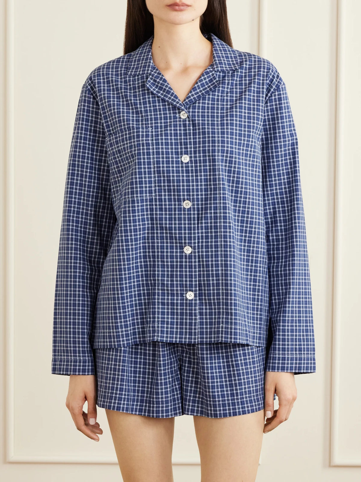 Image of Lingerie. Product name - Checked Organic Cotton Pajama Shirt in Blue colour by brand - TEKLA