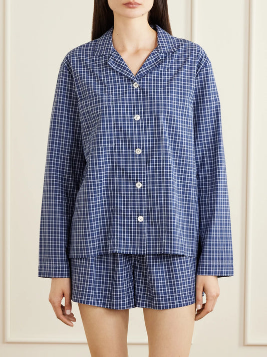 Image of Lingerie. Product name - Checked Organic Cotton Pajama Shirt in Blue colour by brand - TEKLA