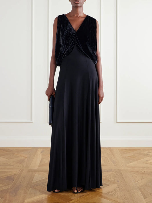 Image of Dresses. Product name - Laila Draped Velvet And Twill Gown in Black colour by brand - Abadia