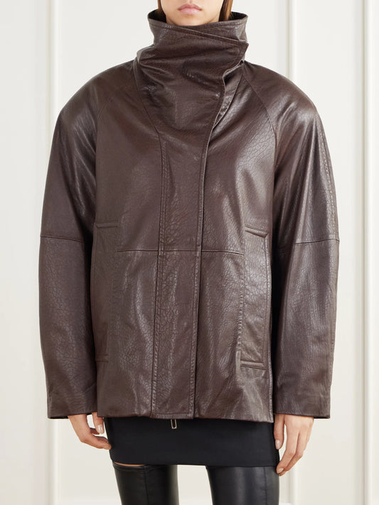 Sportmax Salaggio Funnel-neck Paneled Hammered And Glossed Leather Jacket
