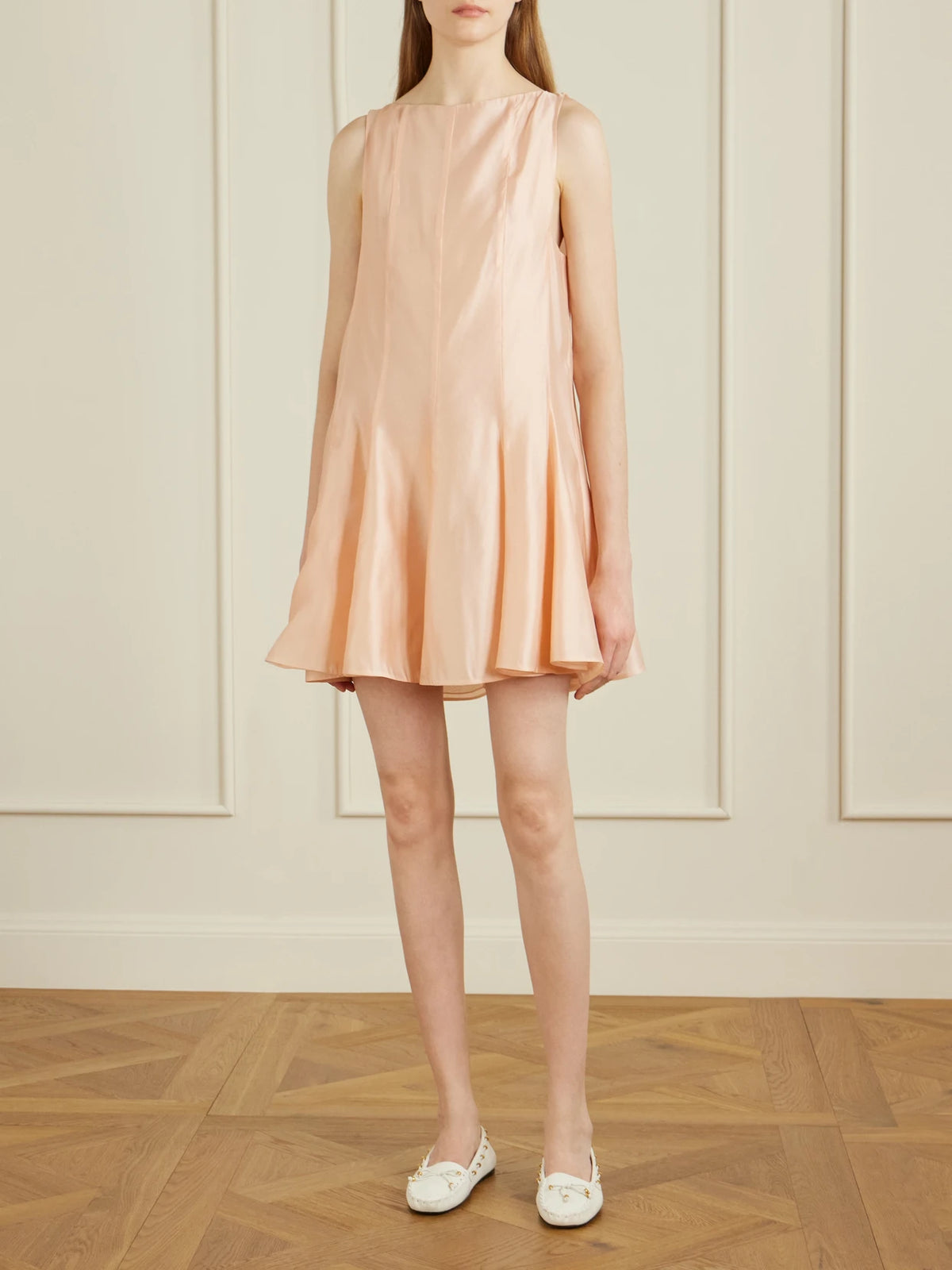 Image of Dresses. Product name - Mags Paneled Satin-twill Mini Dress in Peach colour by brand - KHAITE